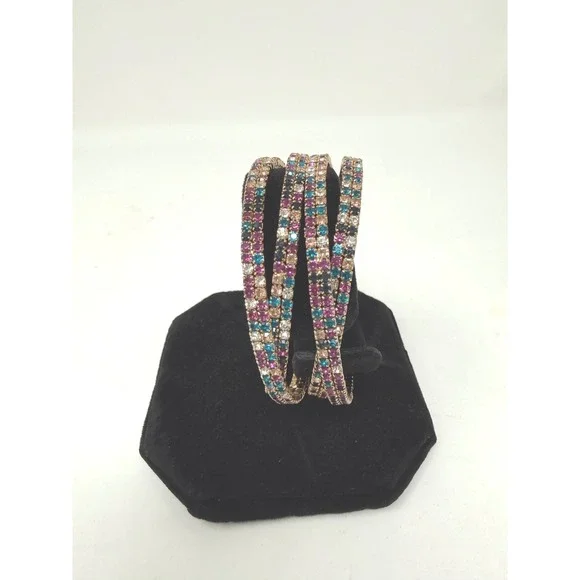Multicolor Rhinestone 4 Row Gold Tone Statement Cuff Bracelet Boho Glam - Picture 4 of 7